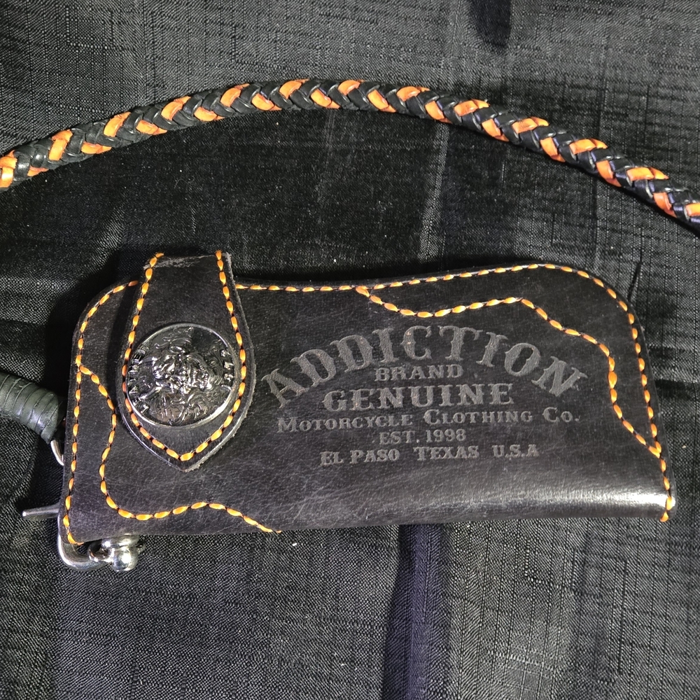 Addiction Black Leather Wallet with Orange Stitching